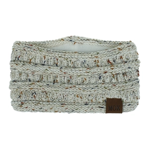 Detail of beige cable knit headband with warm white fleece lining and MOK leather tag