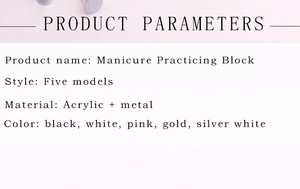 Detailed product specifications for acrylic and metal nail art practice stand display