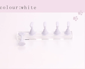 Detailed view of long acrylic nail practice stand with five white display chess holders