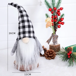 Christmas gnome plush ornament with black and white plaid hat, size 26cm by 11cm
