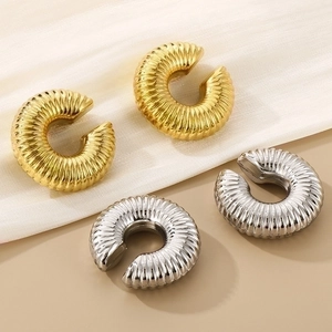 French style hollow C-shaped textured hoop earrings in gold and silver finish