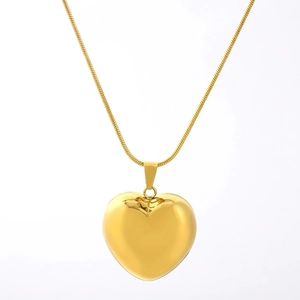 Polished gold hollow heart pendant necklace with sleek snake chain for women