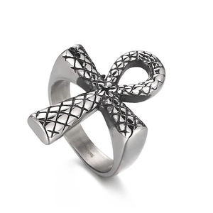 Vintage stainless steel Ankh cross ring with snakeskin pattern and silver finish