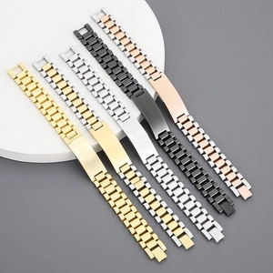 Detailed display of stainless steel watch band bracelets in five polished metal finishes