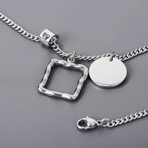 Minimalist stainless steel necklace with geometric square frame and round pendant charms