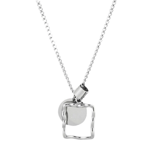 Minimalist silver stainless steel necklace featuring a square frame and round disc pendant