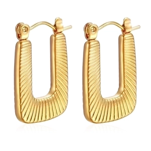 Modern 18K gold plated rectangular geometric earrings with radial textured surface design