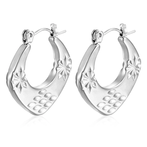 Silver square U-shaped stainless steel earrings with floral and leaf engraving