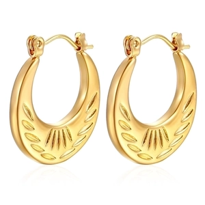 French vintage 18K gold plated stainless steel hoop earrings with sunburst leaf engraving