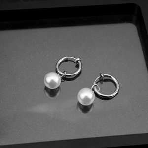 Elegant silver stainless steel hoop earrings with round white pearl pendants for women