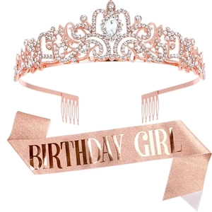 Detail of rose gold birthday crown with rhinestones and Birthday Girl satin sash