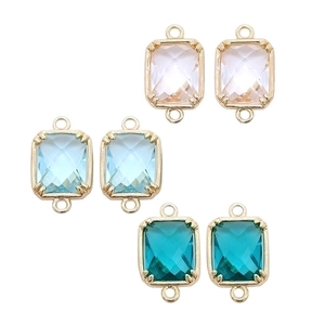 Faceted glass connector charms in pink, blue and green with 14k gold plated frames