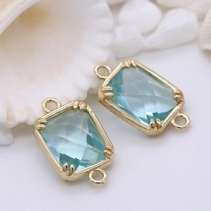 Double-loop rectangular light blue faceted glass charms with 14k gold-plated metal frame