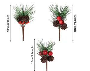 Artificial Christmas Pine Needle Branch With Red Berries And Natural Wood Pine Cone For Holiday Crafts Decoration Green