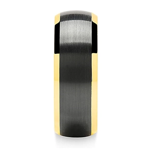 Minimalist tungsten ring featuring a brushed black center and polished gold edges
