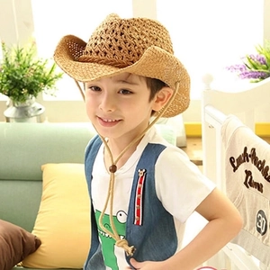 Kids woven straw cowboy hat with wide brim and adjustable chin strap for sun protection