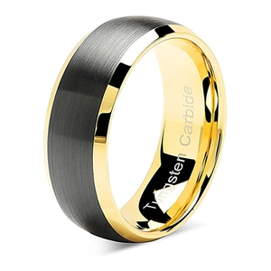 Two-tone tungsten carbide ring featuring black brushed finish and gold-plated inner surface