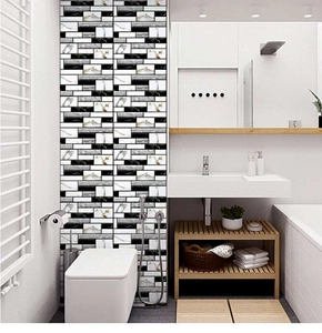 Detail of self-adhesive PVC wall tiles with grey marble mosaic pattern in a bathroom