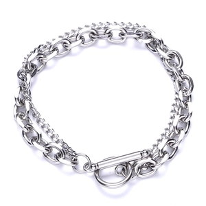 Double-layer hip-hop silver titanium steel bracelet with OT buckle on white background