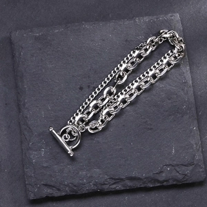 Hip hop silver double-layered chain bracelet with OT toggle clasp on black stone