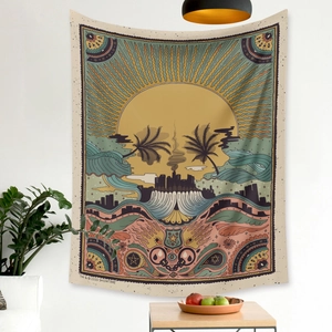 Artistic Bohemian skull tapestry with sunset and palm trees for modern home wall decoration