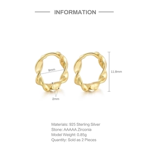 Detail view of gold twisted S925 sterling silver hoop earrings with AAAAA zircon stones