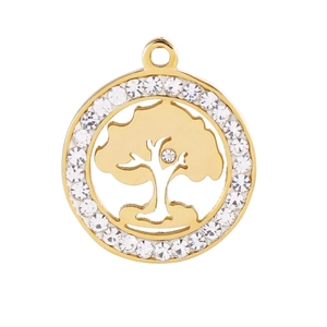 Detailed view of a golden Tree of Life pendant with sparkling rhinestones set in a round frame