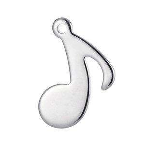 Close-up of polished silver stainless steel eighth note musical pendant charm for DIY jewelry