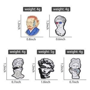 Detailed size and weight chart for five artistic enamel pins featuring classical statues