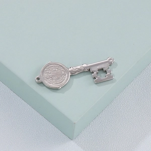 Silver stainless steel Saint Benedict key pendant necklace with religious cross engraving