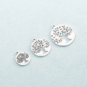 Three silver stainless steel hollow Tree of Life round pendants in multiple sizes