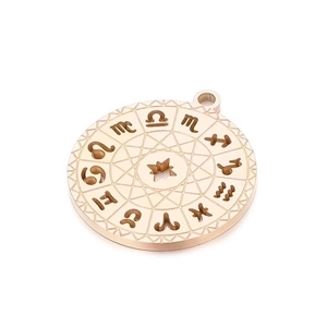 Detail of rose gold zodiac pendant with hollow star and engraved astrological symbols