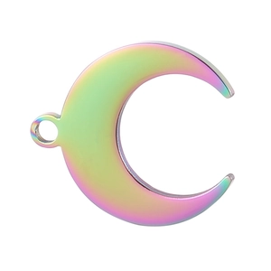 Macro shot of iridescent crescent moon pendant with metallic rainbow finish for jewelry making