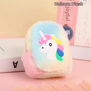 Cute unicorn plush coin purse with rainbow gradient fur and 3D silicone unicorn patch