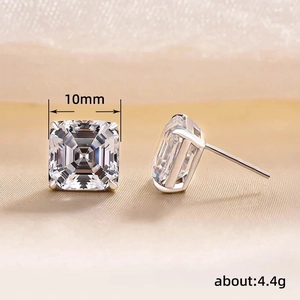Square cut clear gemstone stud earrings in silver finish, 10mm width and 4.4g weight
