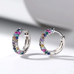 Rainbow Multi Color Cubic Zirconia Huggie Hoop Earrings Copper Pave Small Minimalist Fashion Jewelry For Women