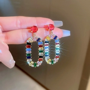 Elegant oval drop earrings featuring colorful zircon stones and red round crystal studs