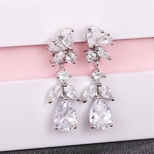 Elegant silver-toned long drop earrings with pear-cut cubic zirconia for evening wear