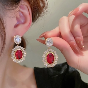 Vintage royal red gemstone floral earrings with sparkling zircon accents in silver setting