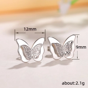 3D butterfly stud earrings in silver finish showing dimensions of 12mm width and 9mm height