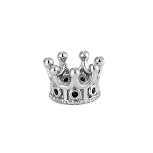 Close-up of silver crown bead with black zircon inlay for DIY jewelry bracelet
