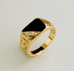 Classic men's gold ring featuring a rectangular black stone and white side zircon accents