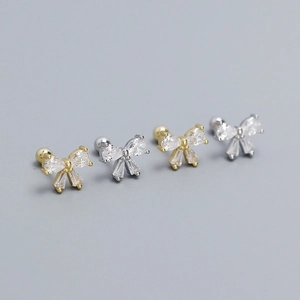 Bowknot Stud Earrings With 925 Sterling Silver Earring Post Zircon Inlaid Screw Back Sweet Minimalist Jewelry For Women