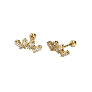Golden crown-shaped S925 silver stud earrings with fan-shaped cubic zirconia stones