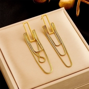 Fashion Titanium Steel Gold Plated Triple Layer Box Chain Tassel Geometric Rectangle Long Dangle Earrings For Women Chic Jewelry