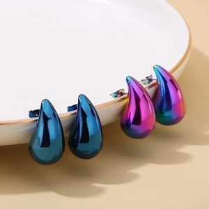 Modern teardrop stainless steel earrings in dark blue and iridescent gradient colors