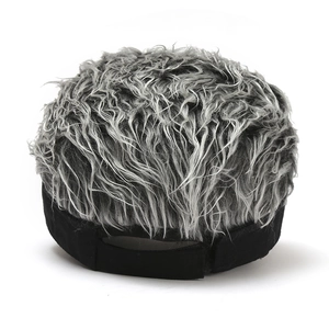 Detail view of black beanie cap with realistic grey synthetic wig hair and velcro closure