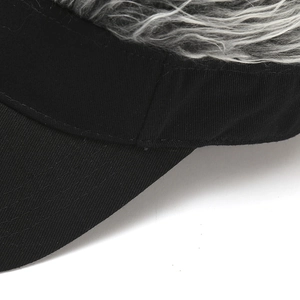 Detail showing the stitching between the black cap fabric and grey synthetic hair wig
