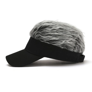 Detail of creative baseball cap with grey wig hair extension and side adjustment buckle