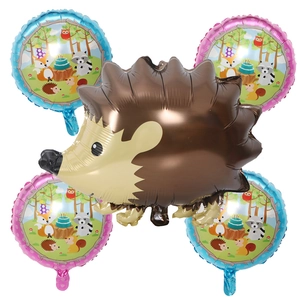 5-piece woodland party balloon set with hedgehog and cute animal patterns on white base